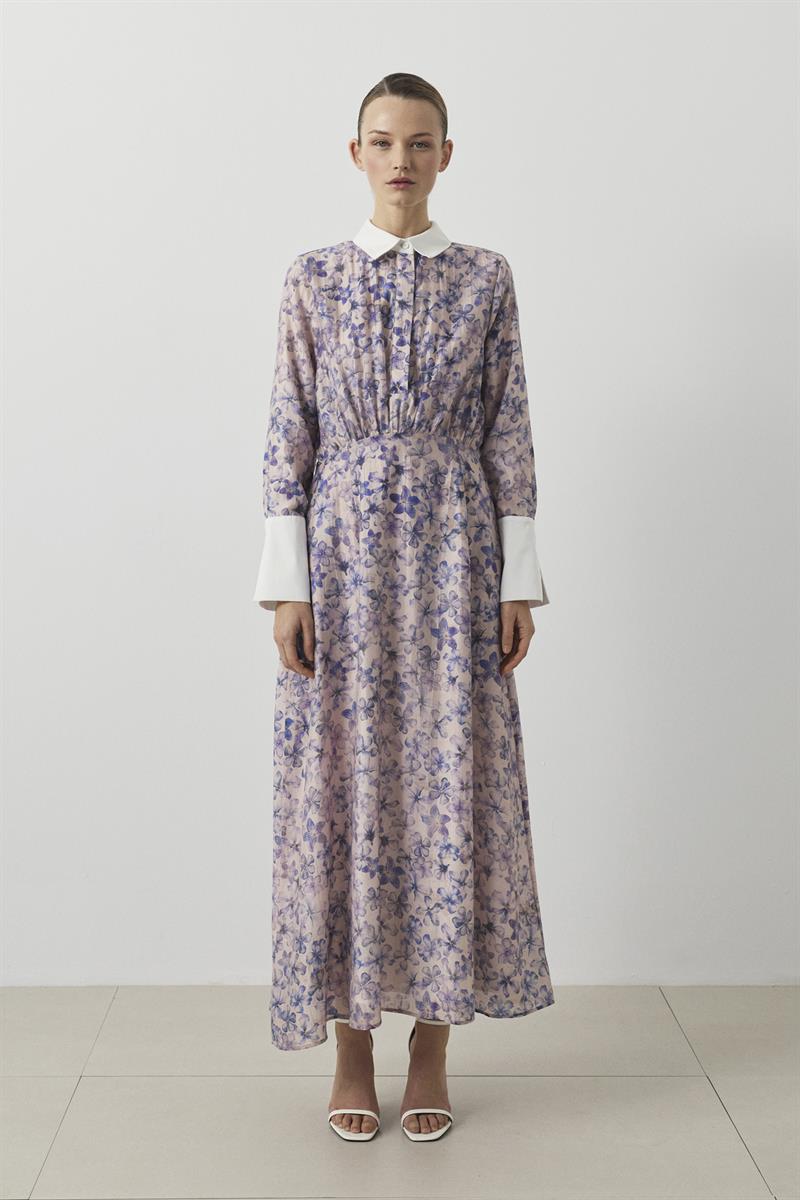 LİLA DESENLİ LYOCELL YAKA DETAYLI ELBİSE LİLA