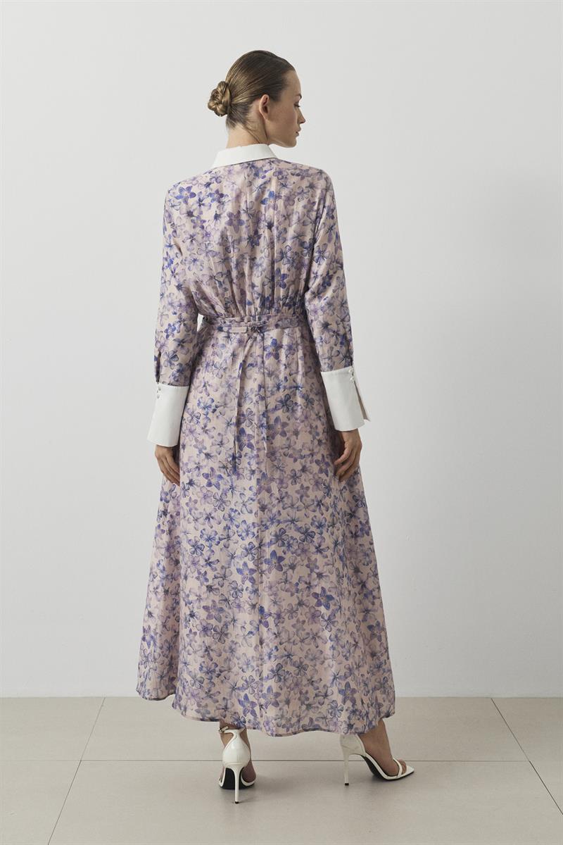 LİLA DESENLİ LYOCELL YAKA DETAYLI ELBİSE LİLA