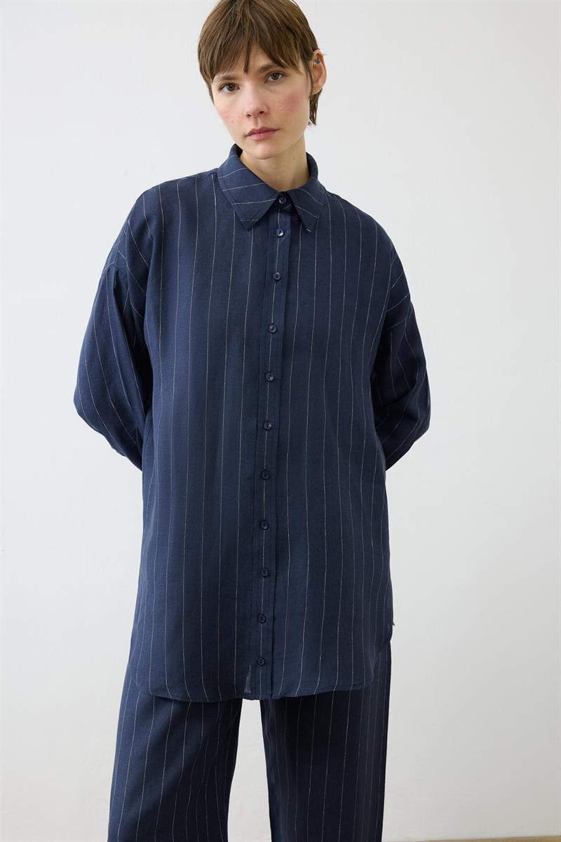 LİNE ÇİZGİLİ %100 KETEN GÖMLEK - PANTOLONLU TAKIM LACİVERT