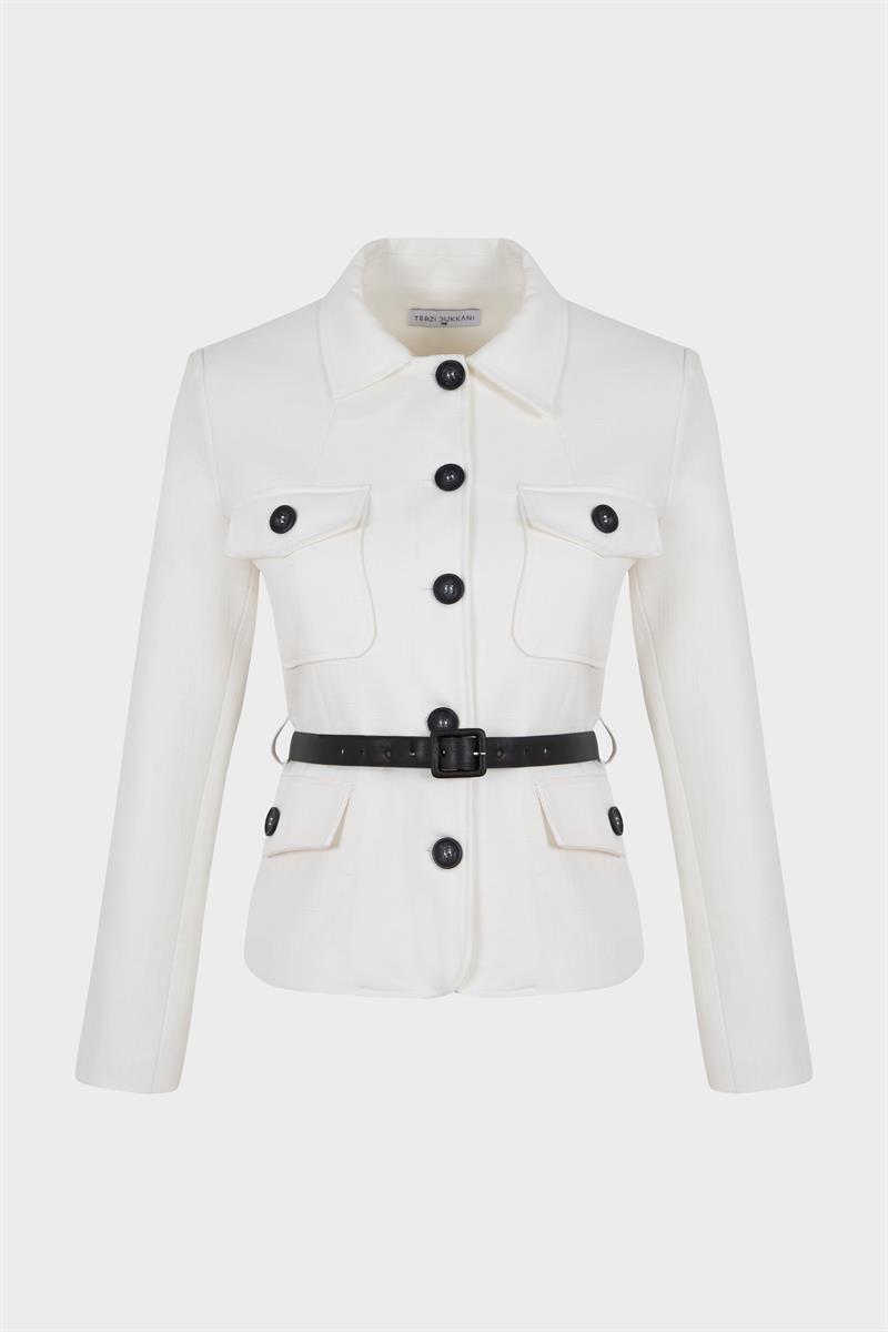 LORES DOKULU KISA CEKET BEYAZ