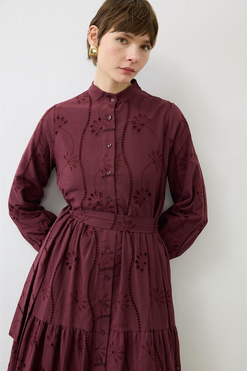 LUNA PAMUK BRODE ELBİSE BORDO