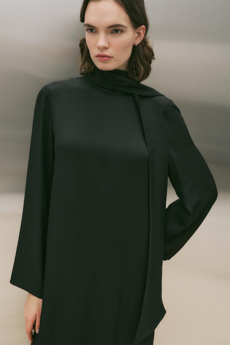 MARLY ASETAT ŞAL DETAYLI ELBİSE SİYAH