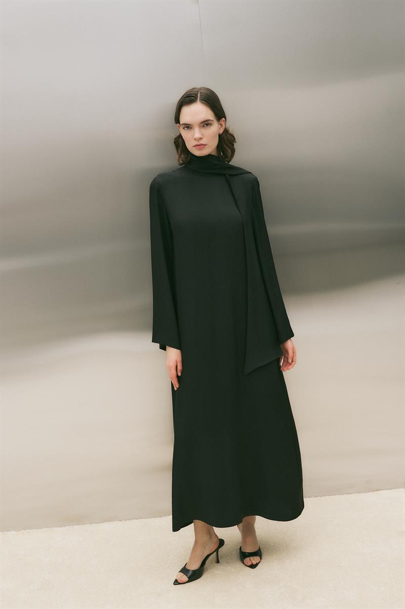 MARLY ASETAT ŞAL DETAYLI ELBİSE SİYAH
