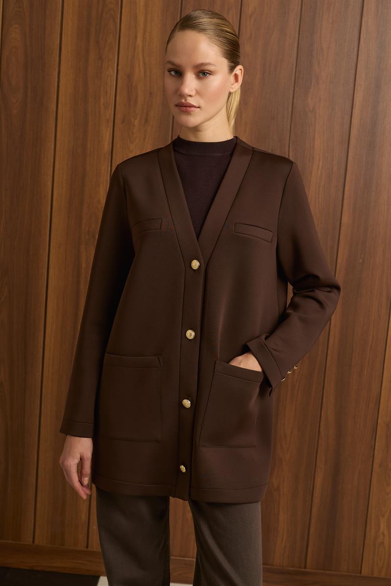 MARTA SCUBA PUFF COLLEGE CARDIGAN DARK BROWN