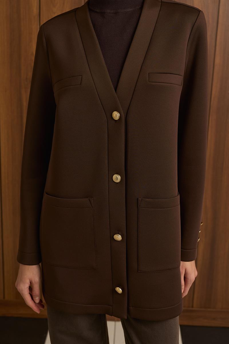 MARTA SCUBA PUFF COLLEGE CARDIGAN DARK BROWN