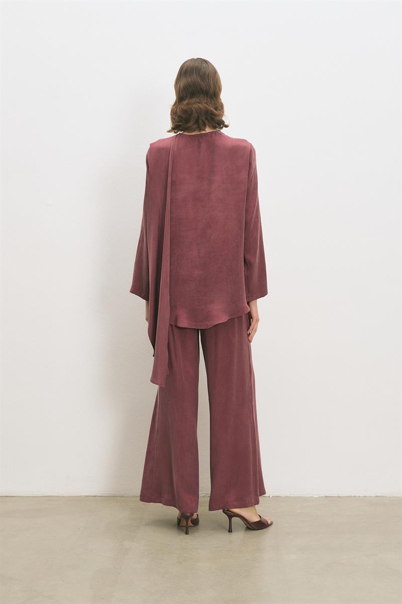 MASTER TAŞLANMIŞ İPEK ŞAL DETAYLI PANTOLONLU TAKIM BORDO