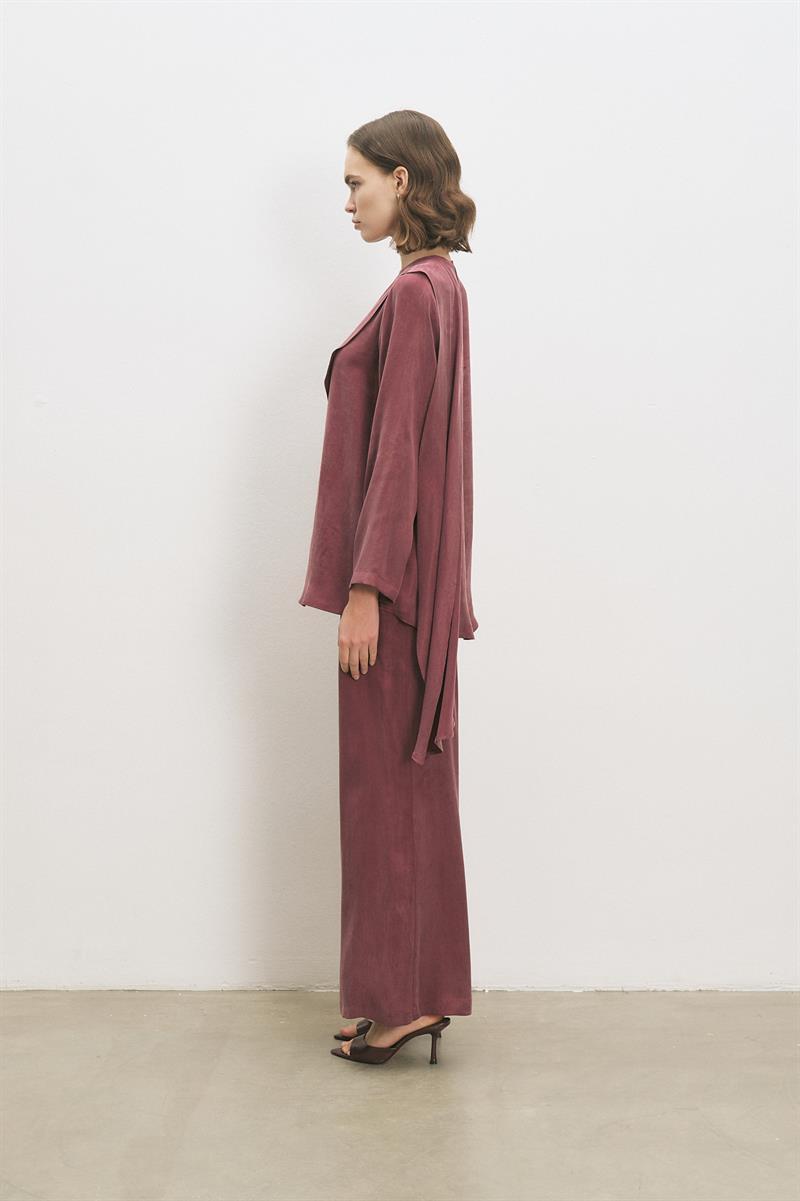 MASTER TAŞLANMIŞ İPEK ŞAL DETAYLI PANTOLONLU TAKIM BORDO