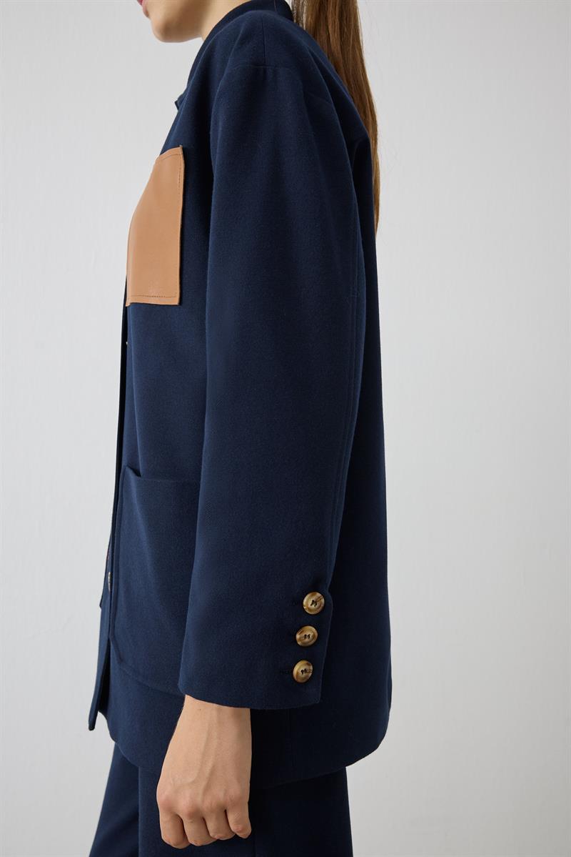 MAVA DERİ CEP DETAYLI CEKET LACİVERT