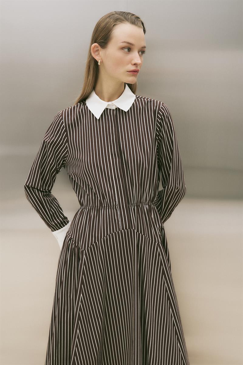 MİORİ ALBA ÇİZGİ DESENLİ PAMUKLU ELBİSE KAHVE