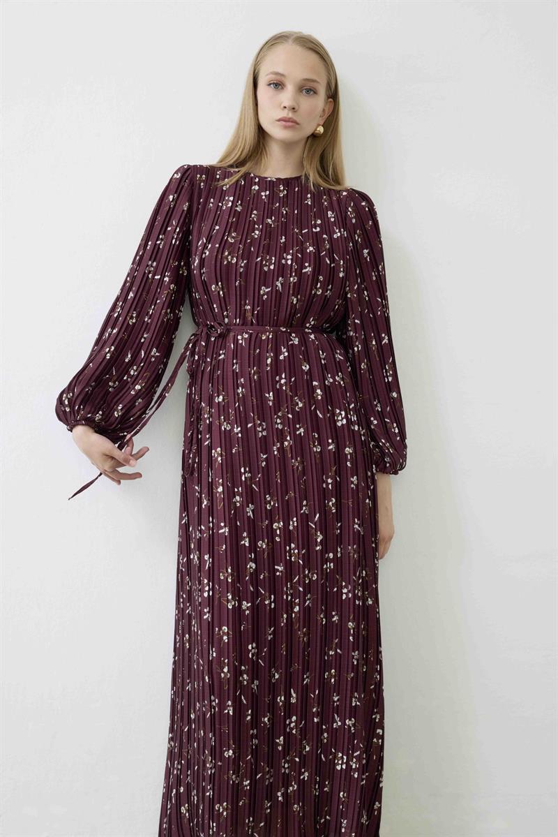 MİORİ BERRY PLİSELİ SATEN ELBİSE BORDO