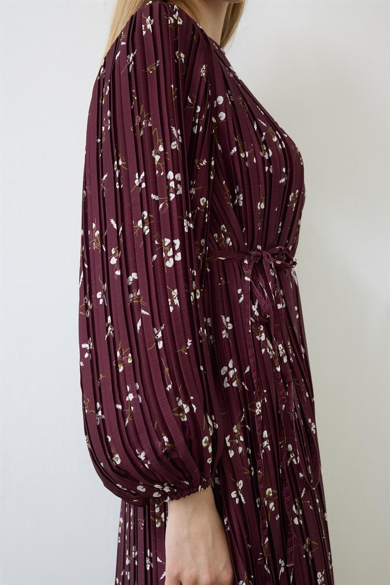 MİORİ BERRY PLİSELİ SATEN ELBİSE BORDO