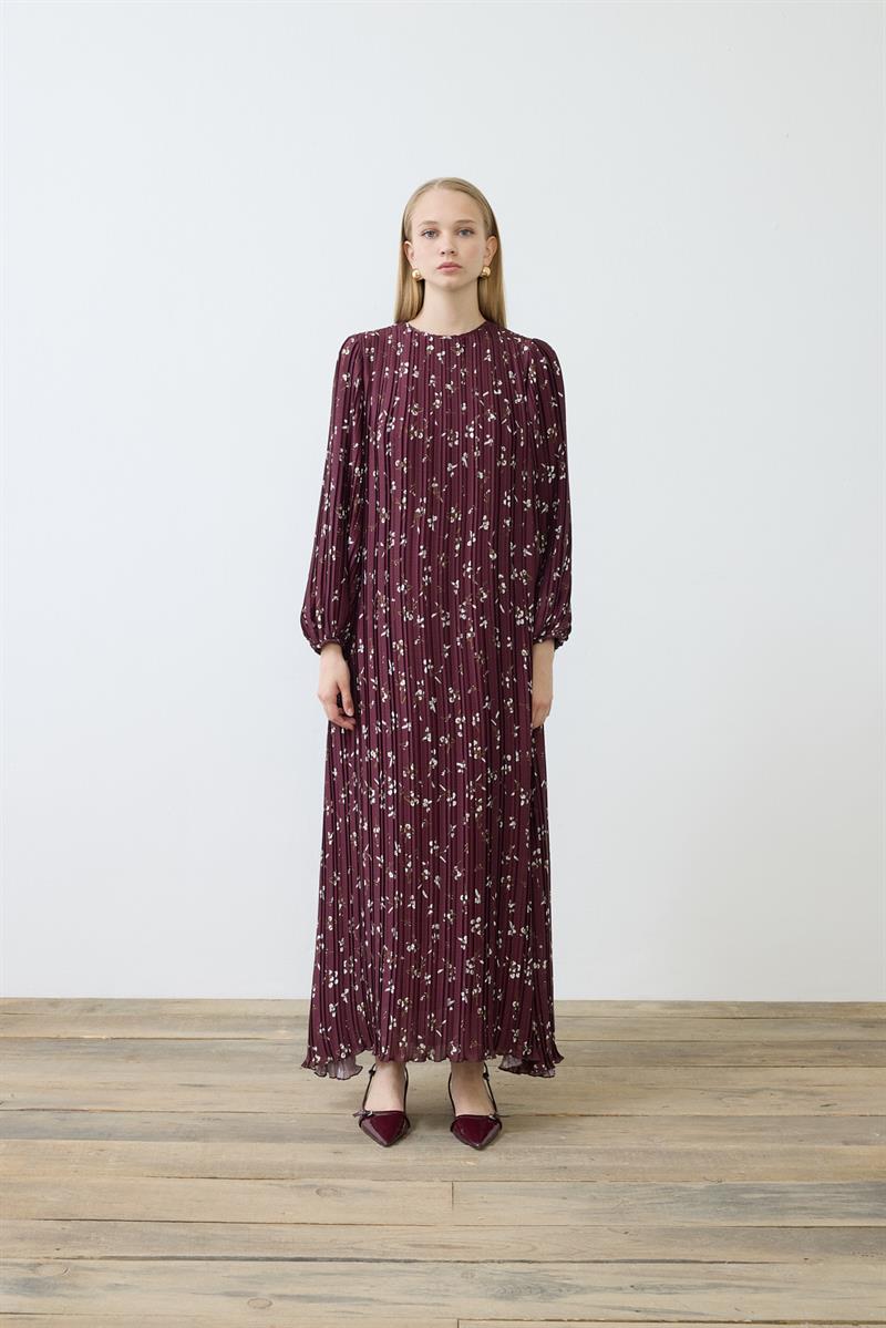 MİORİ BERRY PLİSELİ SATEN ELBİSE BORDO