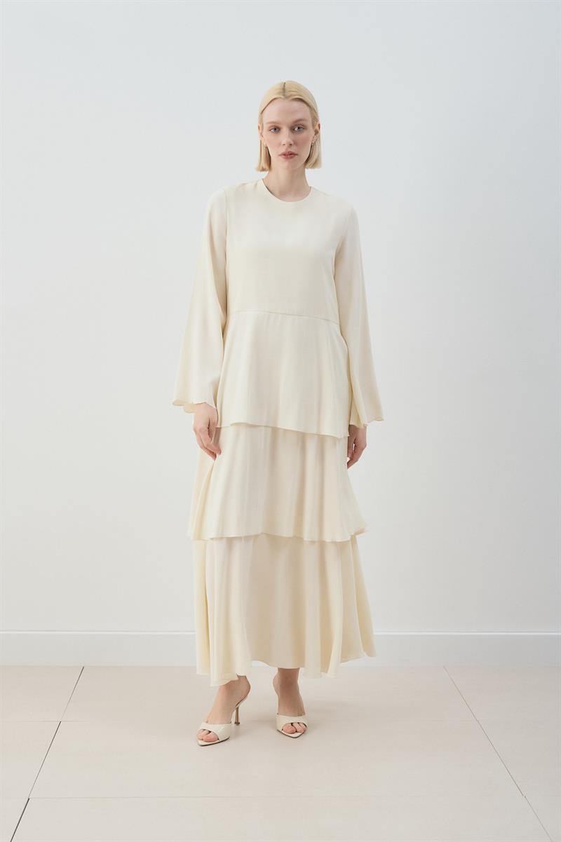 MİORİ JESSE TAŞLANMIŞ MODAL ELBİSE EKRU