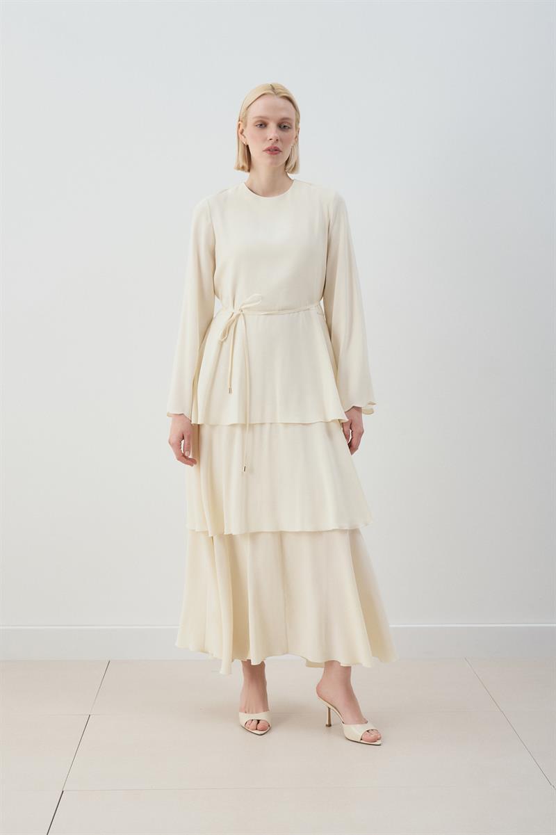 MİORİ JESSE TAŞLANMIŞ MODAL ELBİSE EKRU