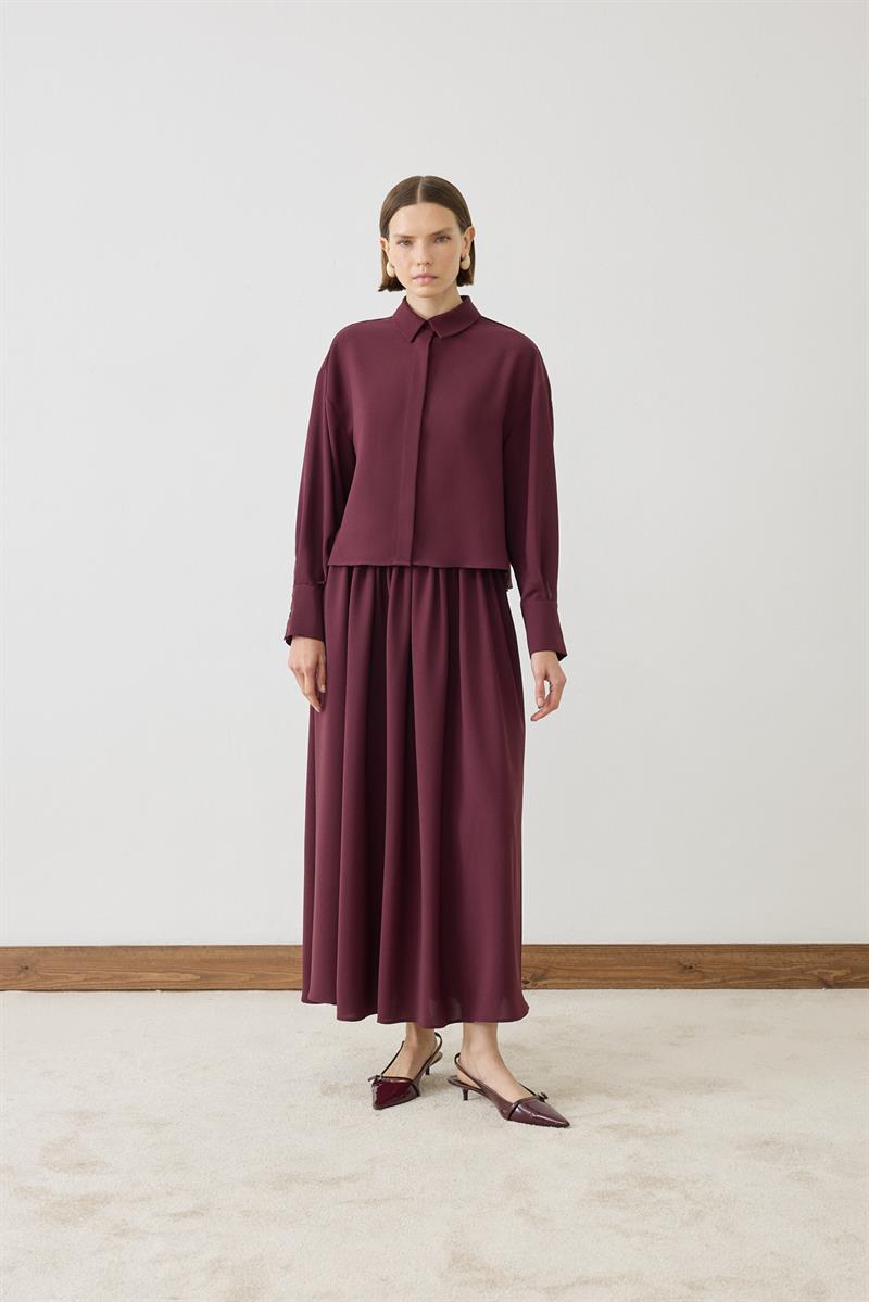 MIORI LINZA CREPE PLEATED SHIRT SKIRT SET BURGUNDY