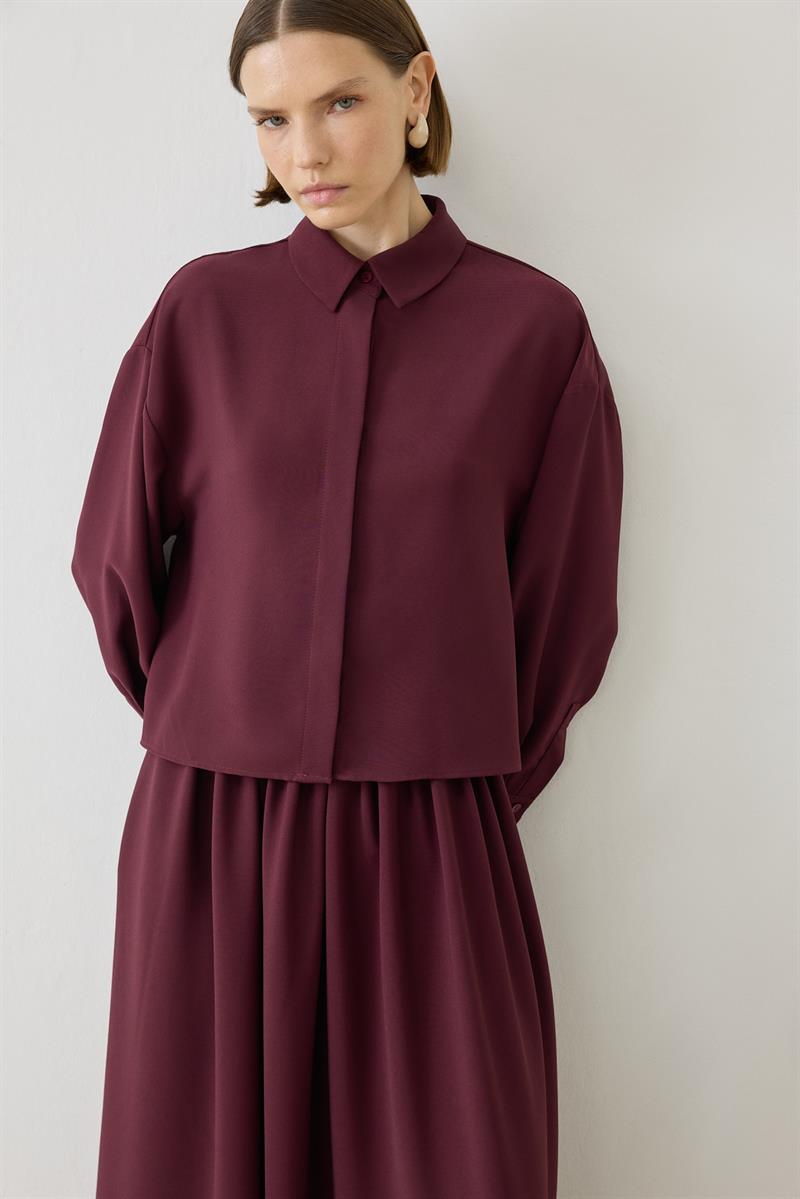MIORI LINZA CREPE PLEATED SHIRT SKIRT SET BURGUNDY