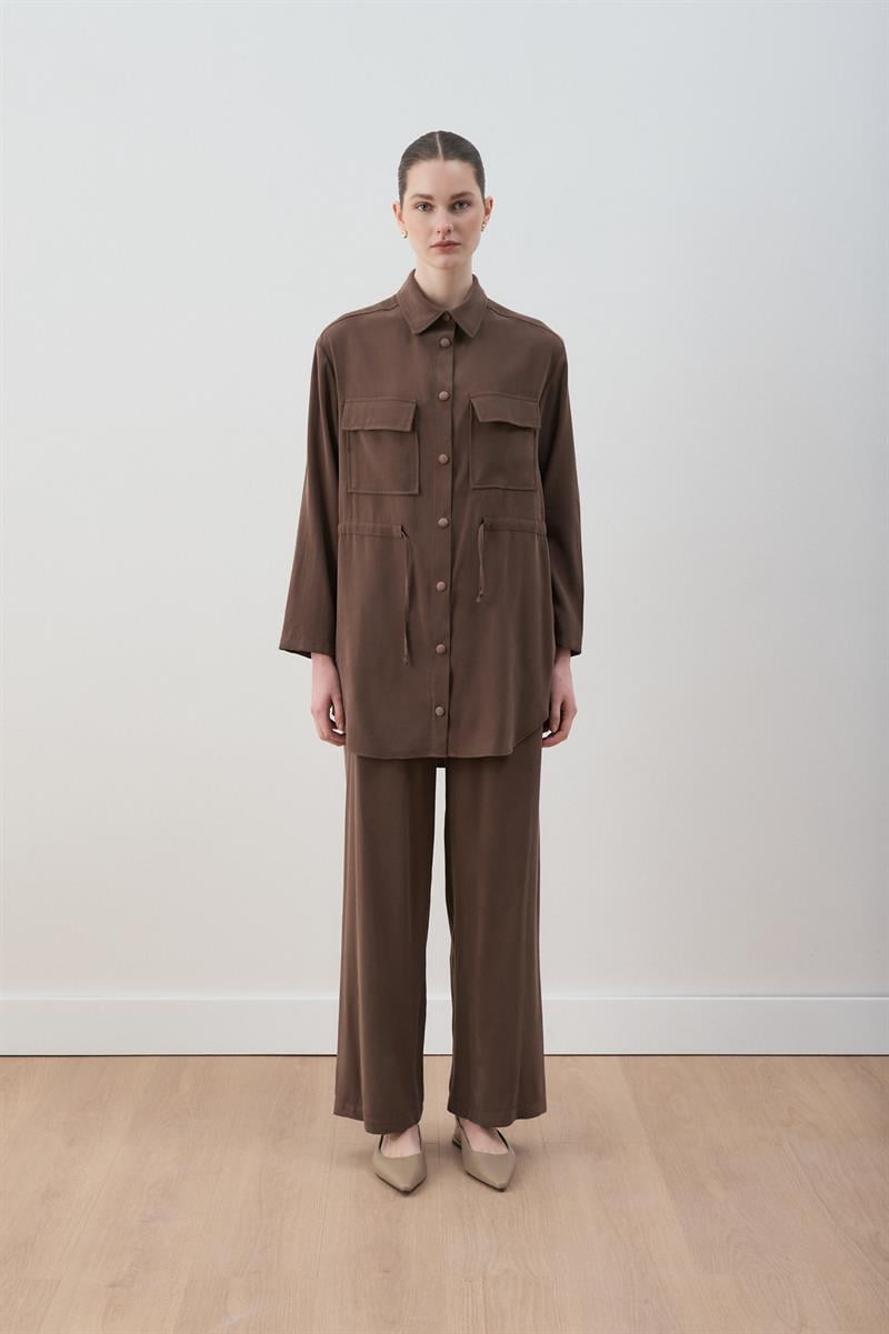 MİORİ LORES TAŞLANMIŞ MODAL PANTOLONLU TAKIM KAHVE