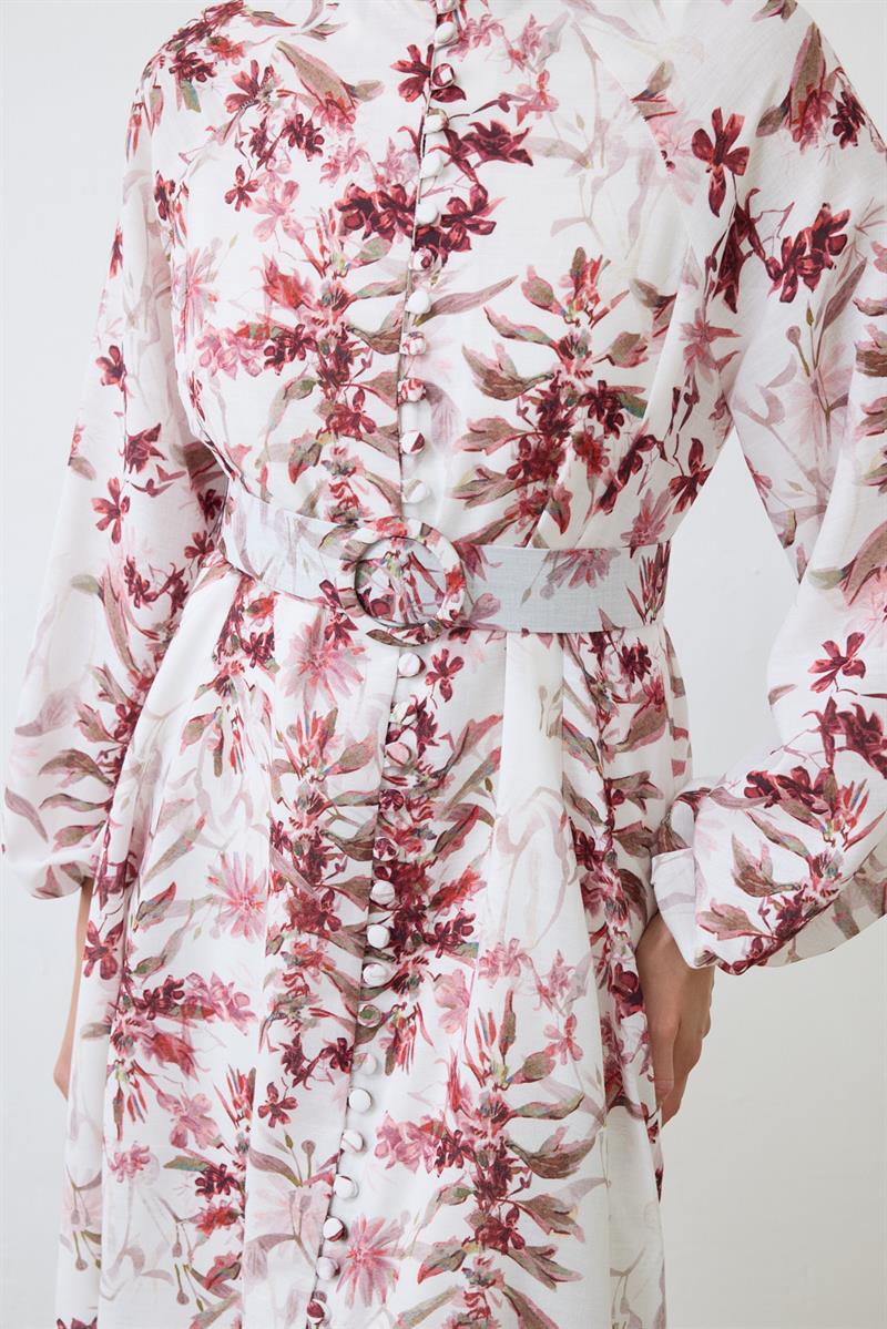 MİORİ MAGE BRİT DÜĞMELİ KETEN ELBİSE BORDO