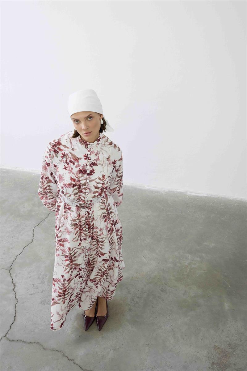 MİORİ MAGE BRİT DÜĞMELİ KETEN ELBİSE BORDO