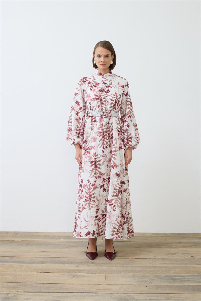 MİORİ MAGE BRİT DÜĞMELİ KETEN ELBİSE BORDO