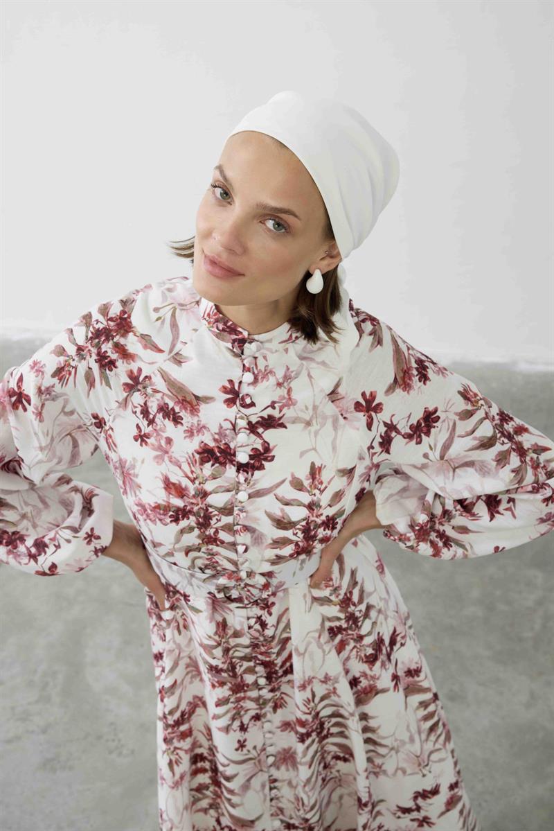 MİORİ MAGE BRİT DÜĞMELİ KETEN ELBİSE BORDO