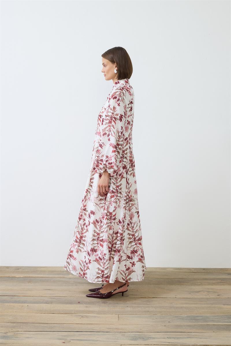 MİORİ MAGE BRİT DÜĞMELİ KETEN ELBİSE BORDO