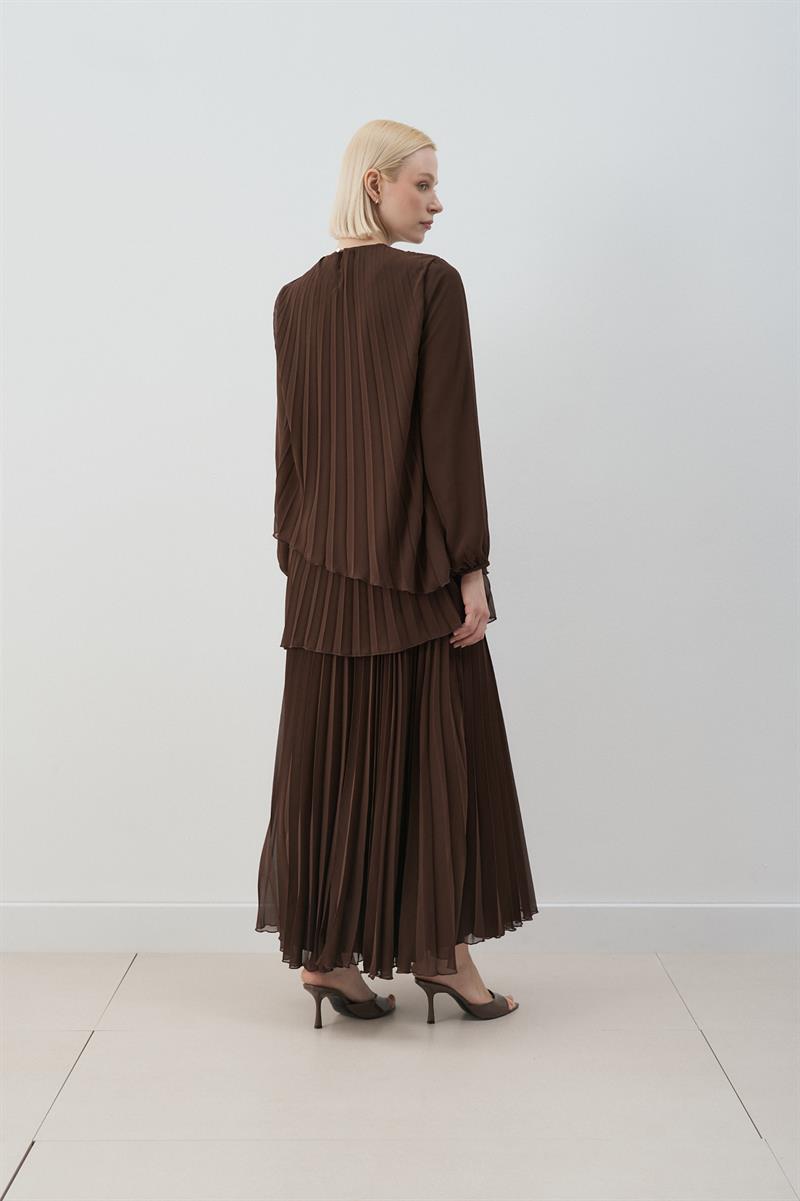 MİORİ VALERİN PLİSELİ ELBİSE ACI KAHVE