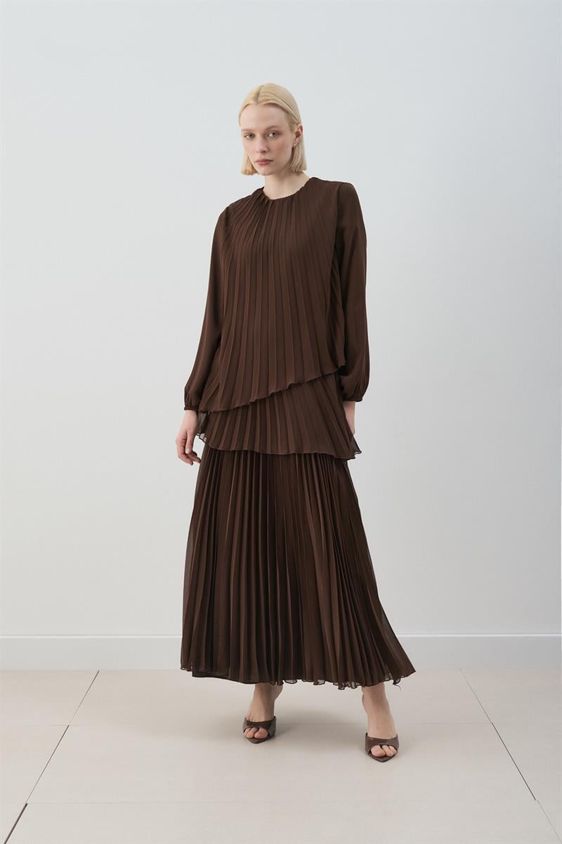 MİORİ VALERİN PLİSELİ ELBİSE ACI KAHVE