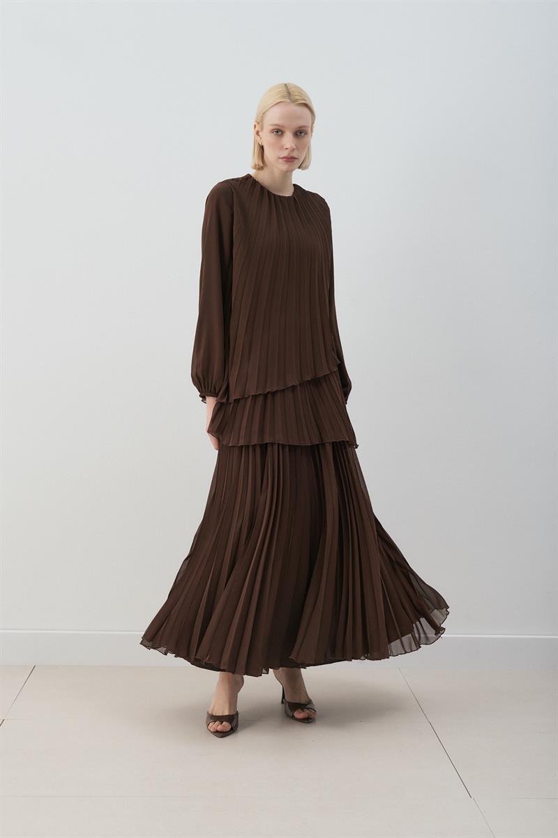 MİORİ VALERİN PLİSELİ ELBİSE ACI KAHVE