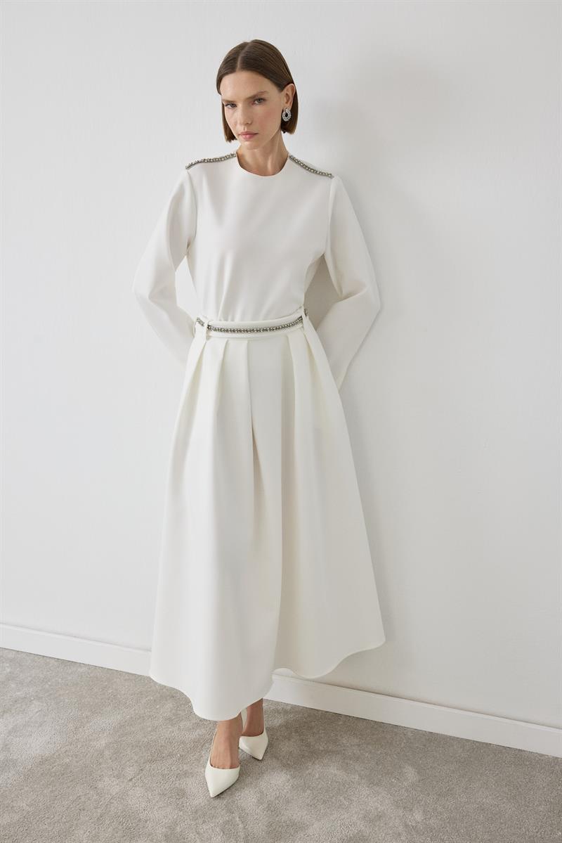 MİORİ VALES TAŞ ŞERİTLİ ETEKLİ TAKIM EKRU