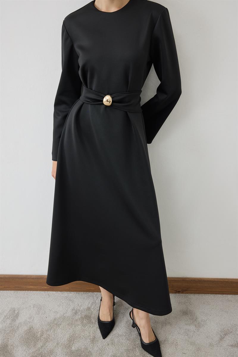 NAKSU GOLD BELT DETAILED KNIT DRESS BLACK