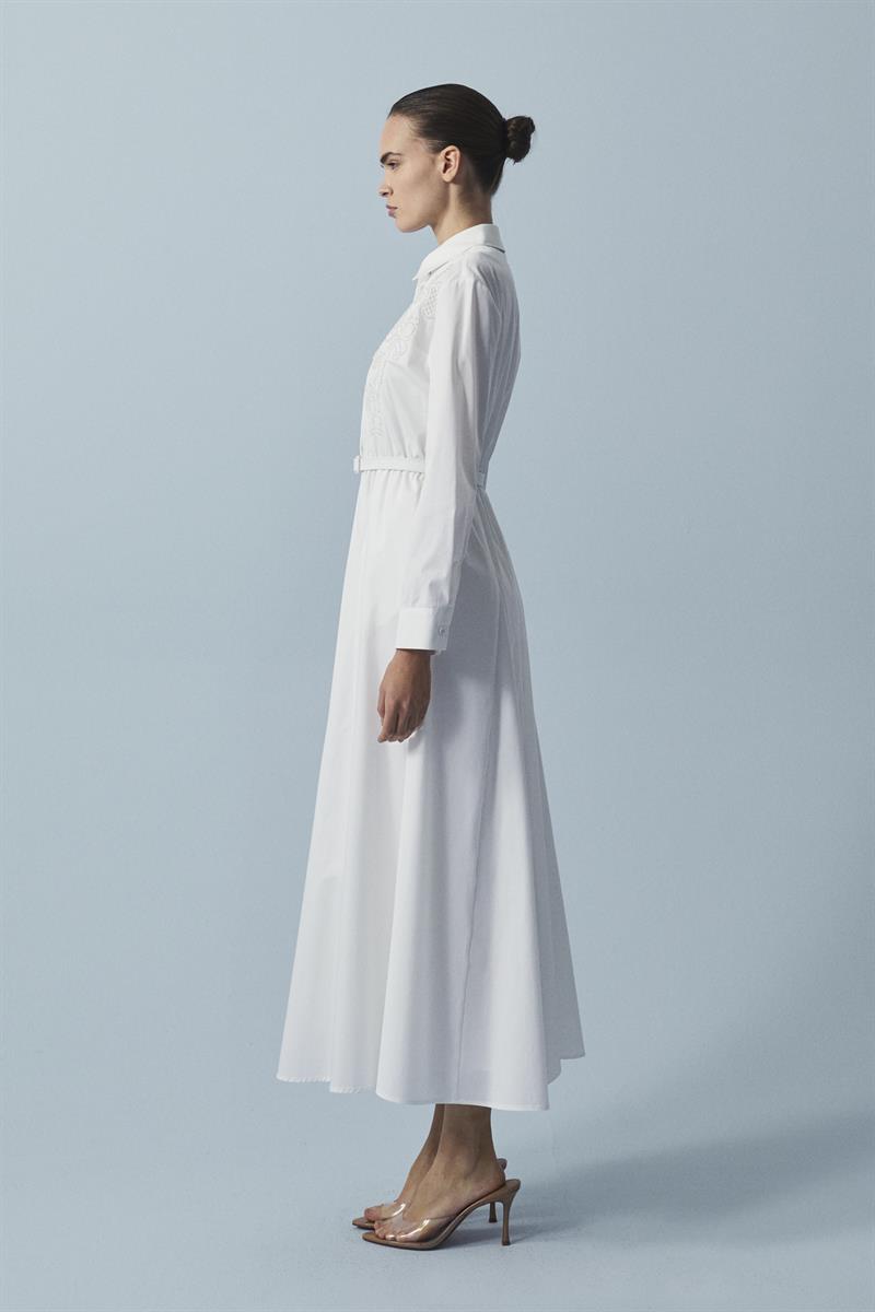 NAPOLİ NAKIŞLI KOTON ELBİSE EKRU