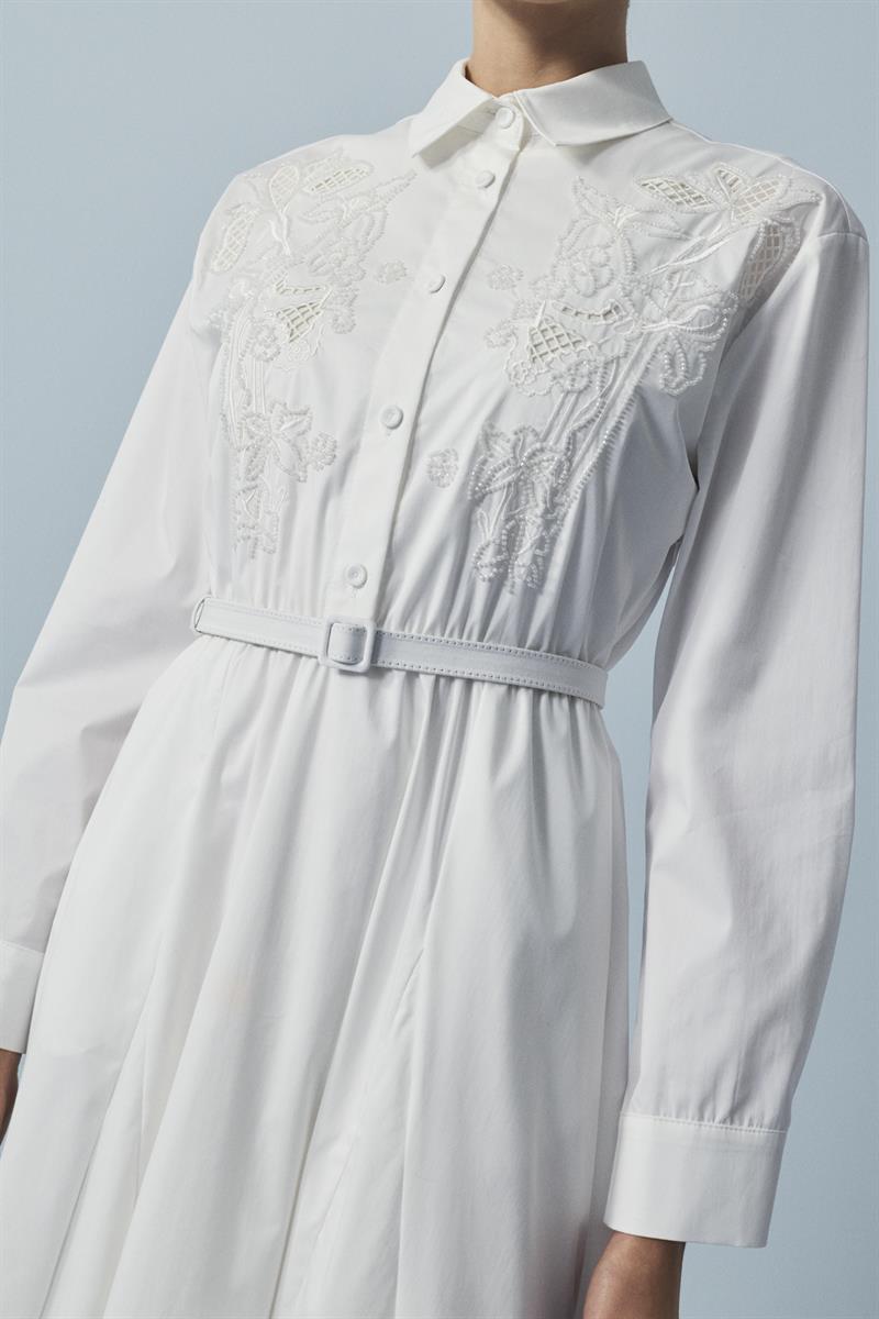 NAPOLİ NAKIŞLI KOTON ELBİSE EKRU