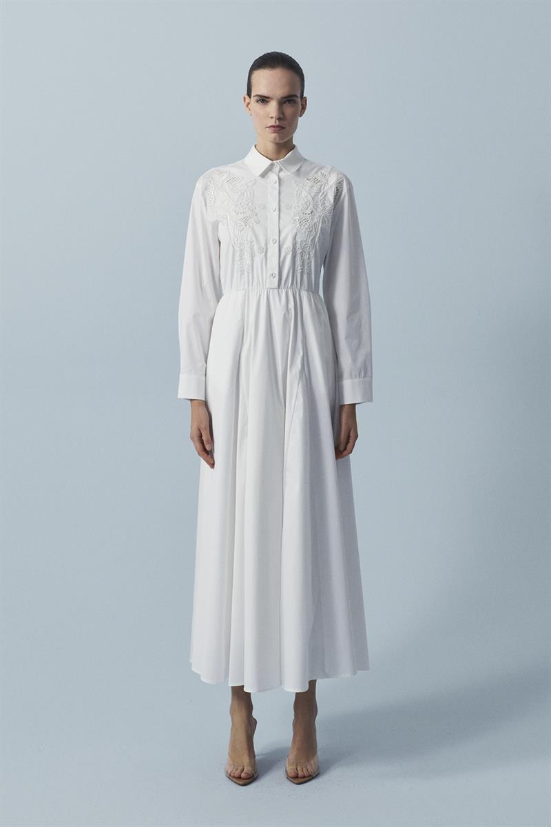 NAPOLİ NAKIŞLI KOTON ELBİSE EKRU