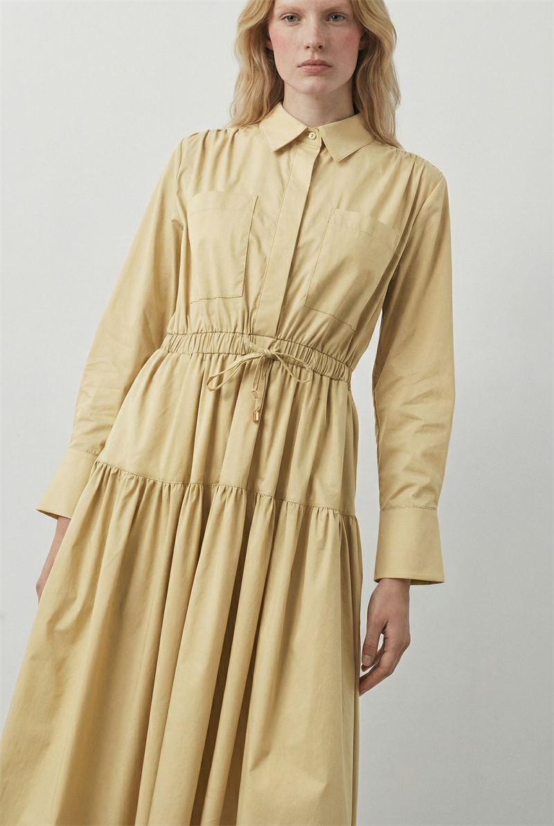 NARİA BÜZGÜ DETAY POPLİN ELBİSE SARI