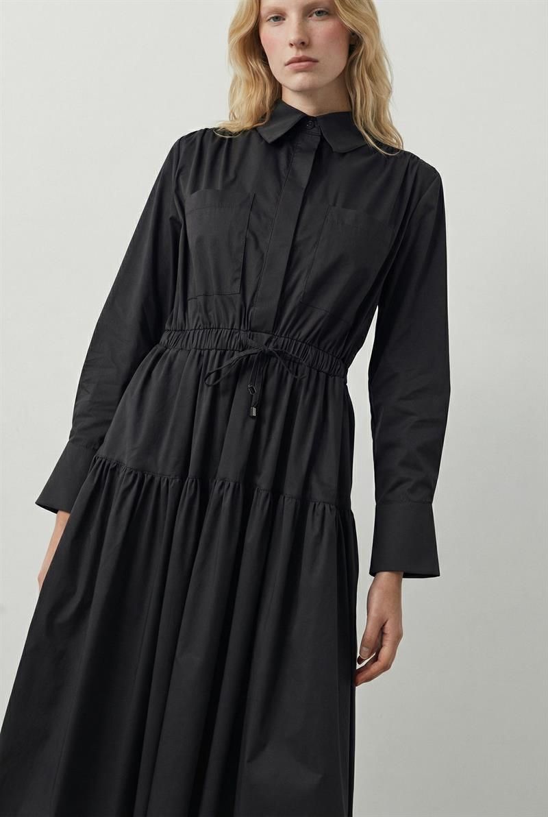 NARİA BÜZGÜ DETAY POPLİN ELBİSE SİYAH