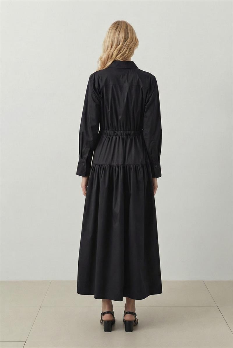 NARİA BÜZGÜ DETAY POPLİN ELBİSE SİYAH