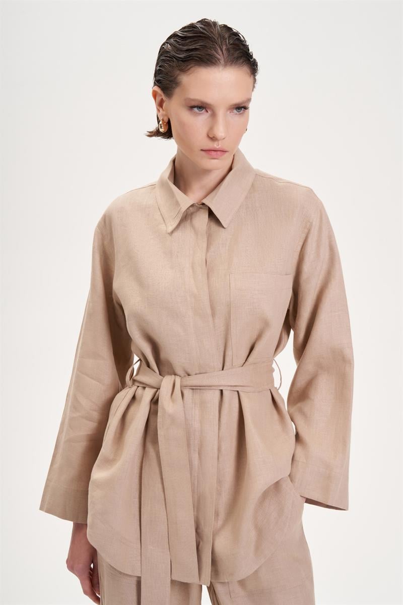 NATURAL %100 KETEN CEP DETAYLI TAKIM CAMEL