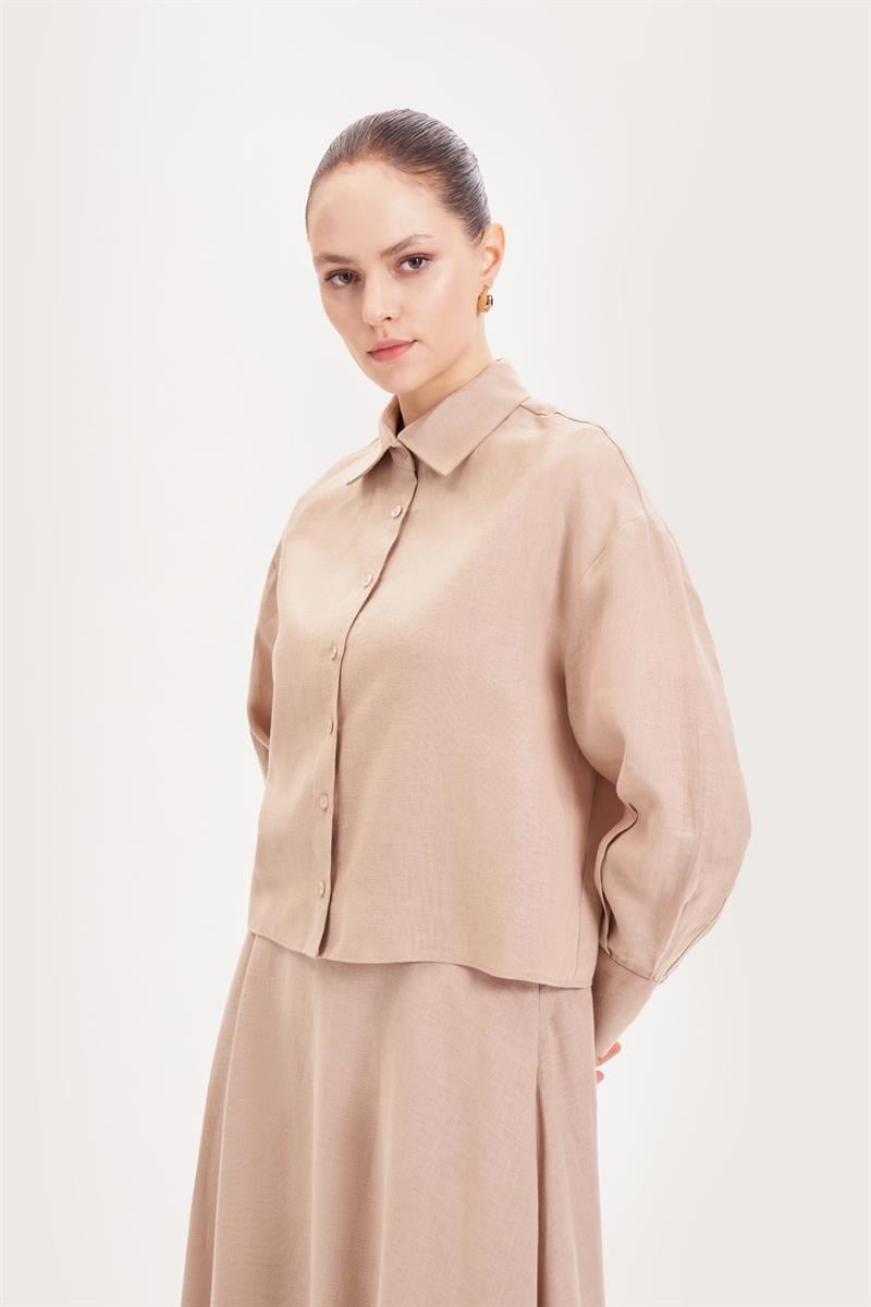 NATURAL %100 KETEN KISA GÖMLEK CAMEL