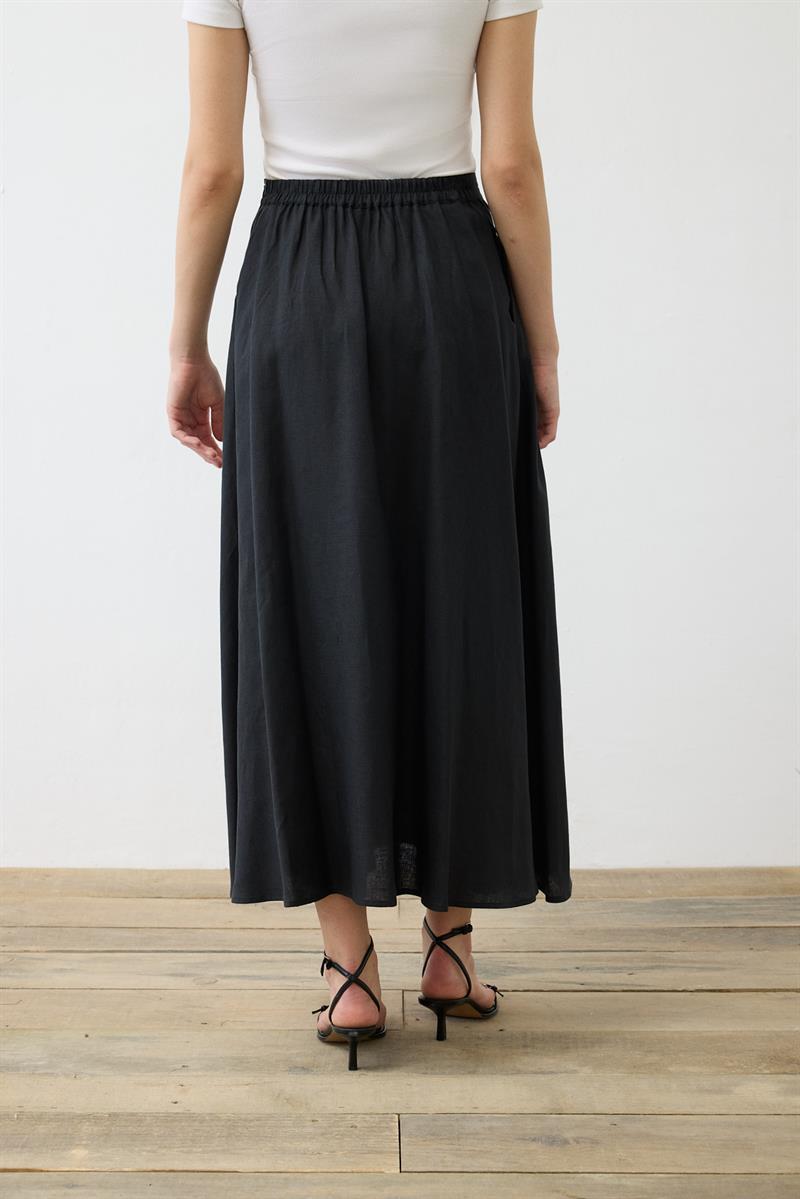 NATURAL %100 LINEN FLARED SKIRT BLACK