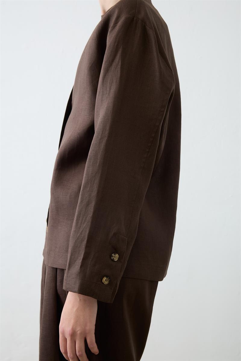 NATURAL %100 LINEN COLLEGE CARDIGAN SET DARK BROWN