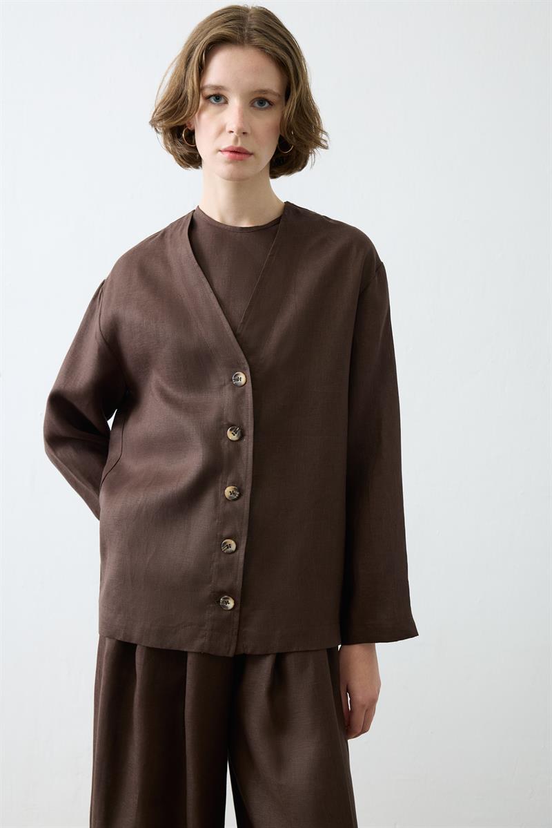 NATURAL %100 LINEN COLLEGE CARDIGAN SET DARK BROWN