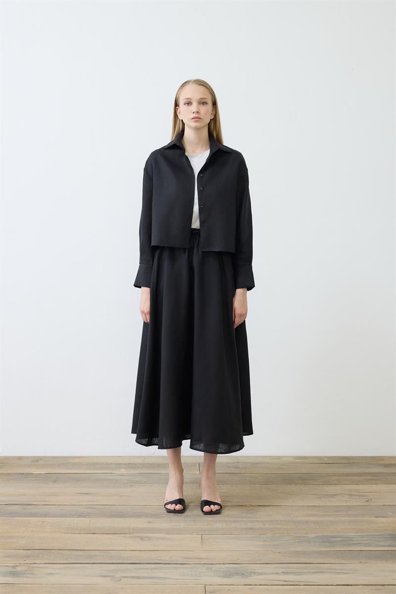 NATURAL 100% LINEN ELASTIC WAIST SKIRT SET BLACK