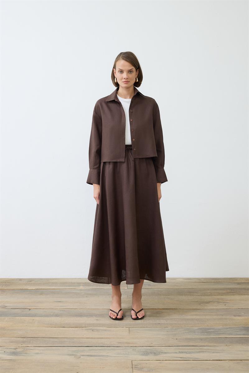 NATURAL 100% LINEN ELASTIC WAIST SKIRT SET DARK BROWN