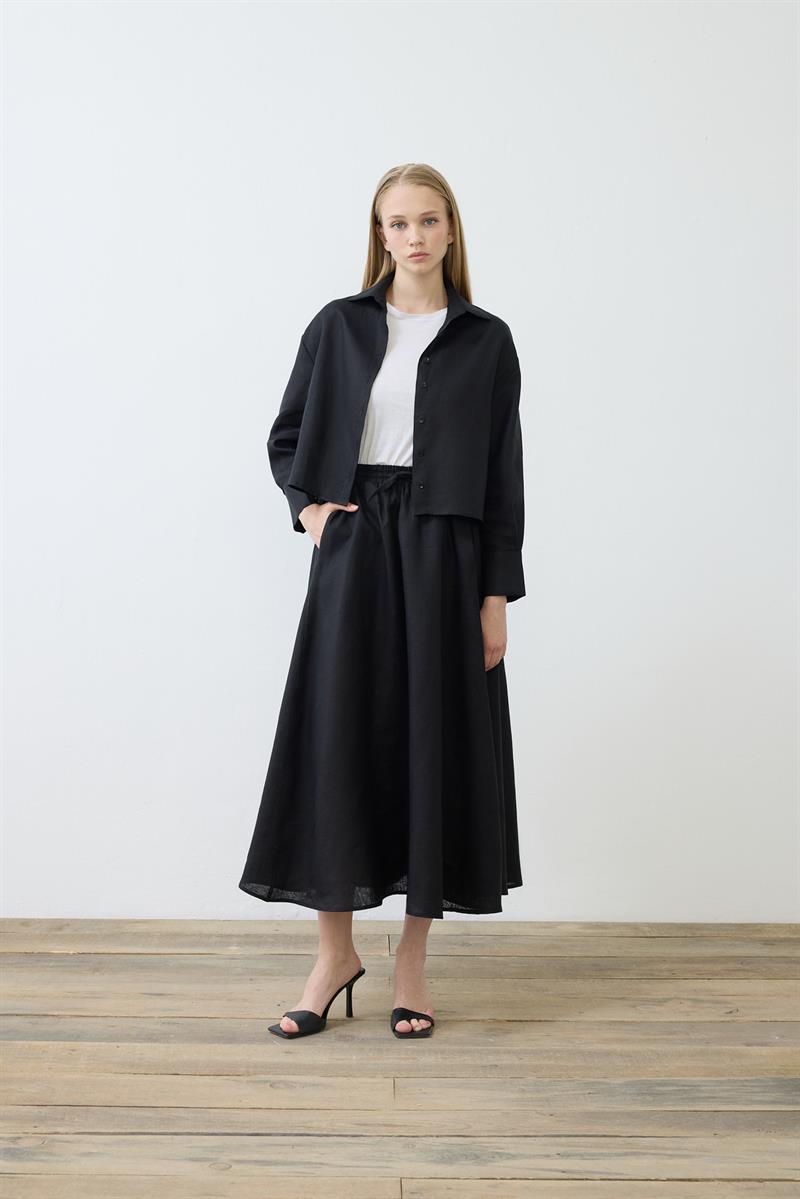 NATURAL 100% LINEN ELASTIC WAIST SKIRT SET BLACK