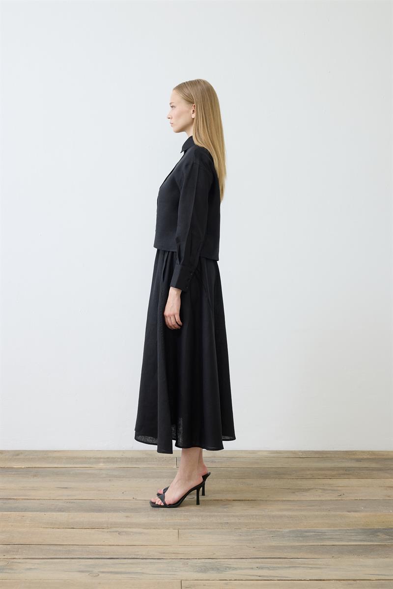 NATURAL 100% LINEN ELASTIC WAIST SKIRT SET BLACK