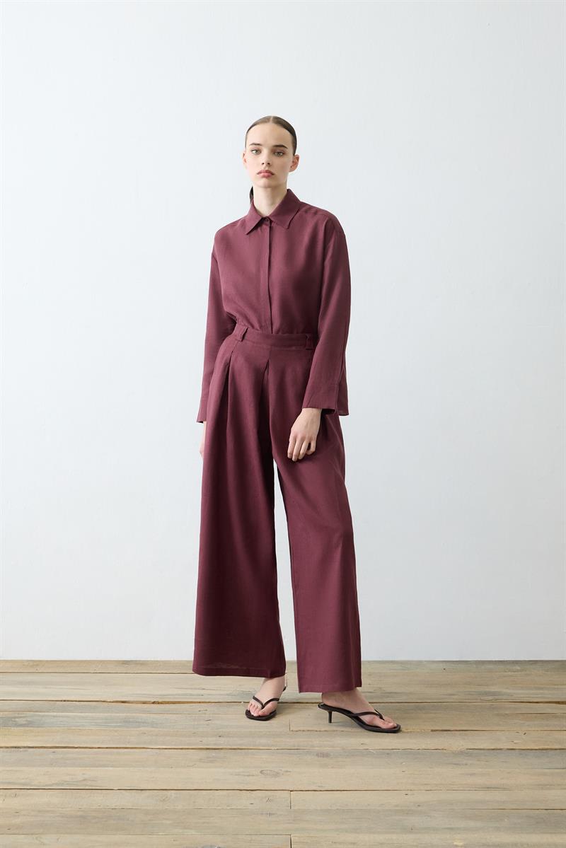 NATURAL %100 KETEN PİLE DETAYLI PANTOLON TAKIM BORDO