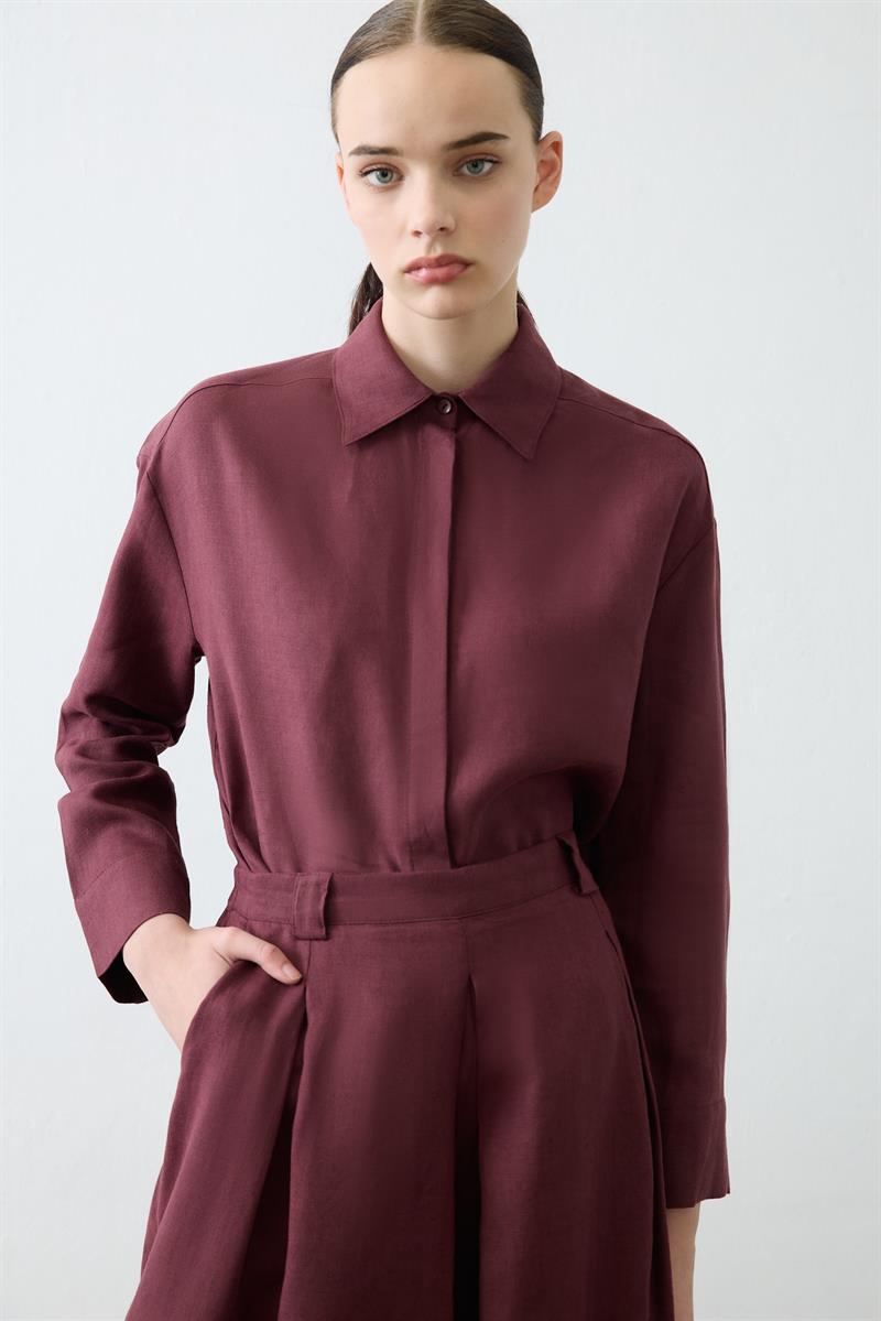 NATURAL %100 KETEN PİLE DETAYLI PANTOLON TAKIM BORDO