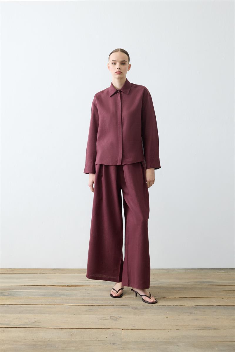 NATURAL %100 KETEN PİLE DETAYLI PANTOLON TAKIM BORDO