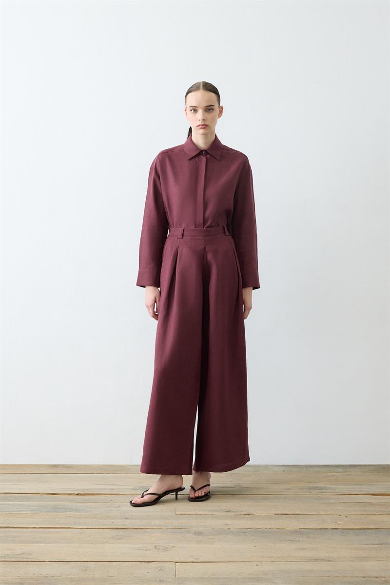 NATURAL %100 KETEN PİLE DETAYLI PANTOLON TAKIM BORDO